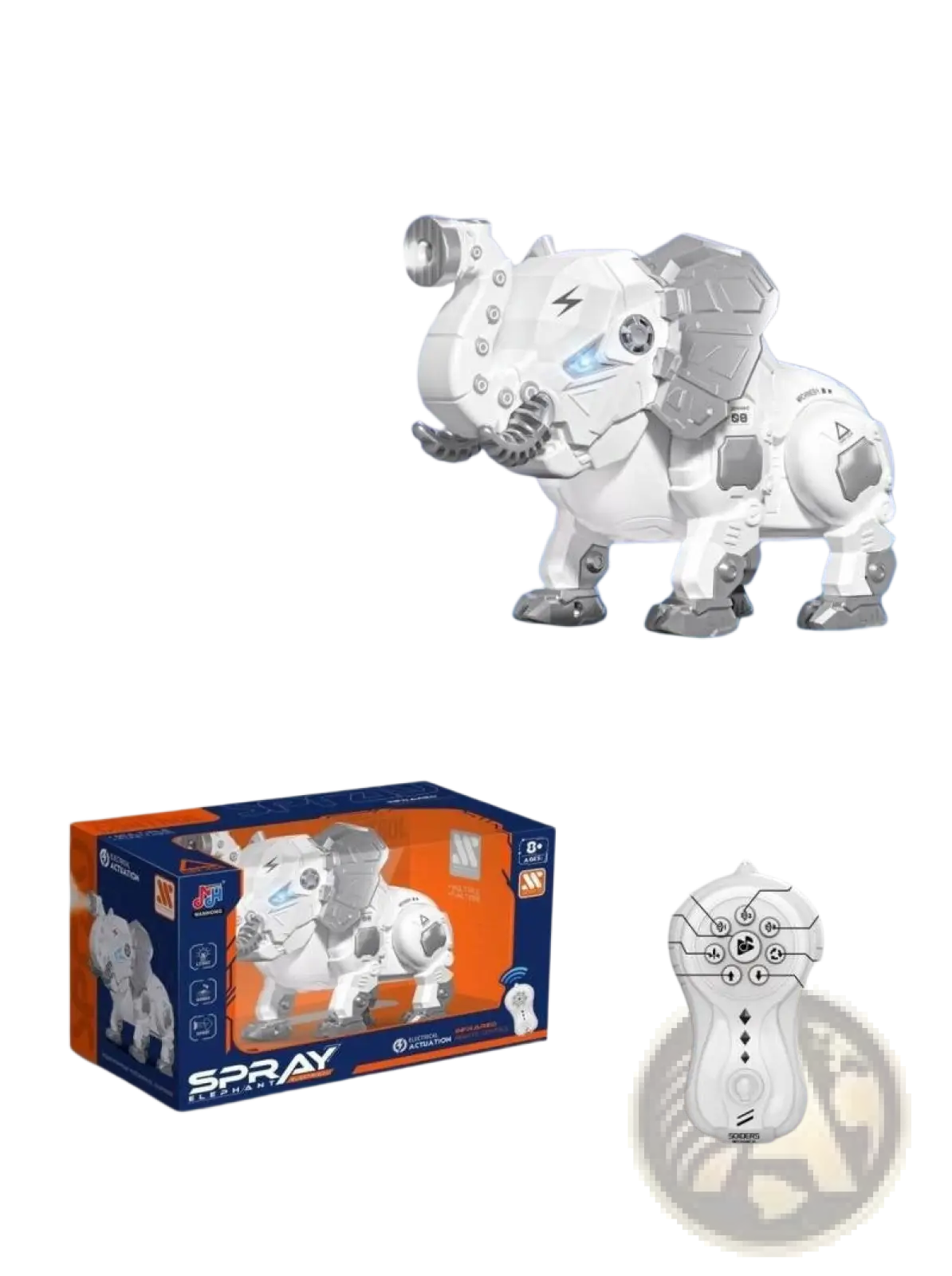 White and gray robotic elephant toy with led lights sound effects and spray function from remote control spray dragonfly centipede toy
