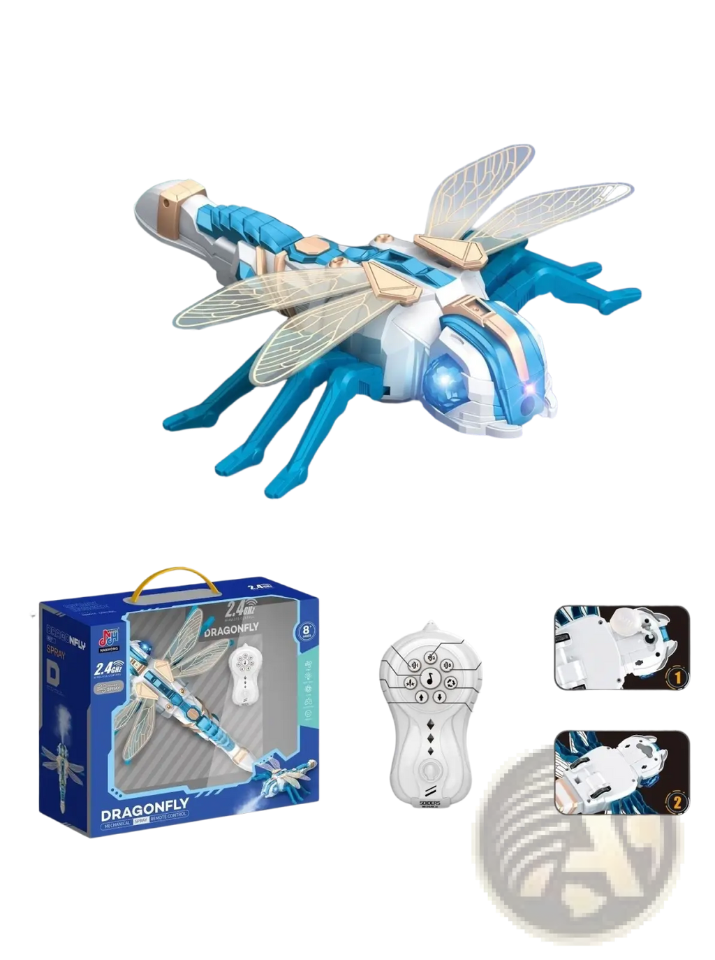 Remote control spray dragonfly centipede toy in blue and white with translucent wings and led lights