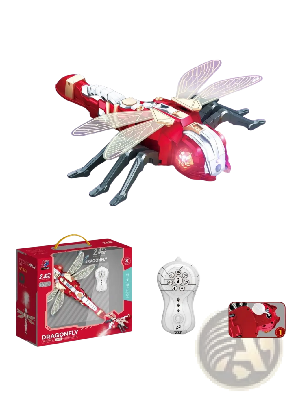 Red and white remote control spray dragonfly toy with translucent wings led lights and 2.4ghz wireless mist system
