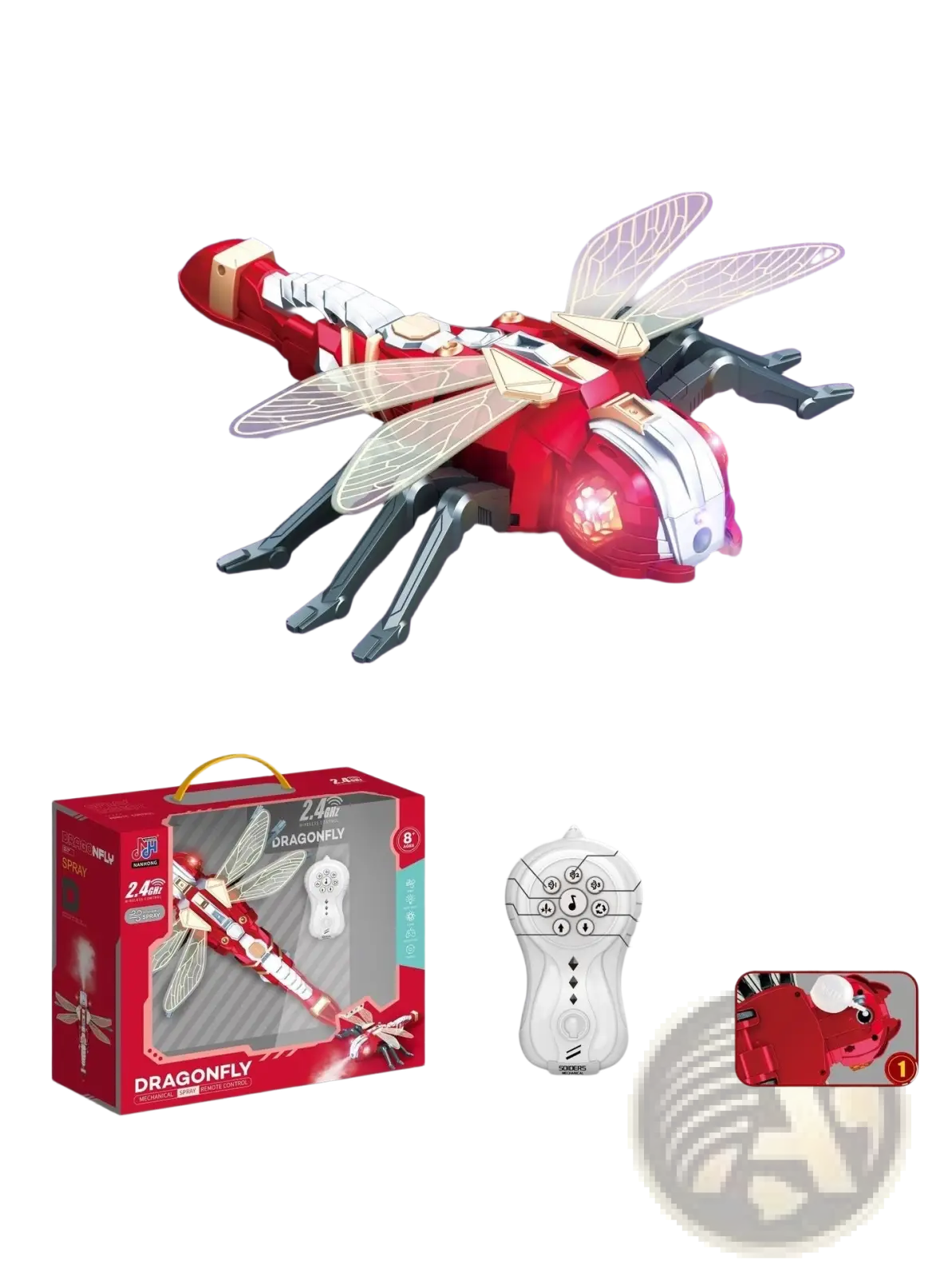Red and white remote control spray dragonfly toy with translucent wings led lights and 2.4ghz wireless mist system