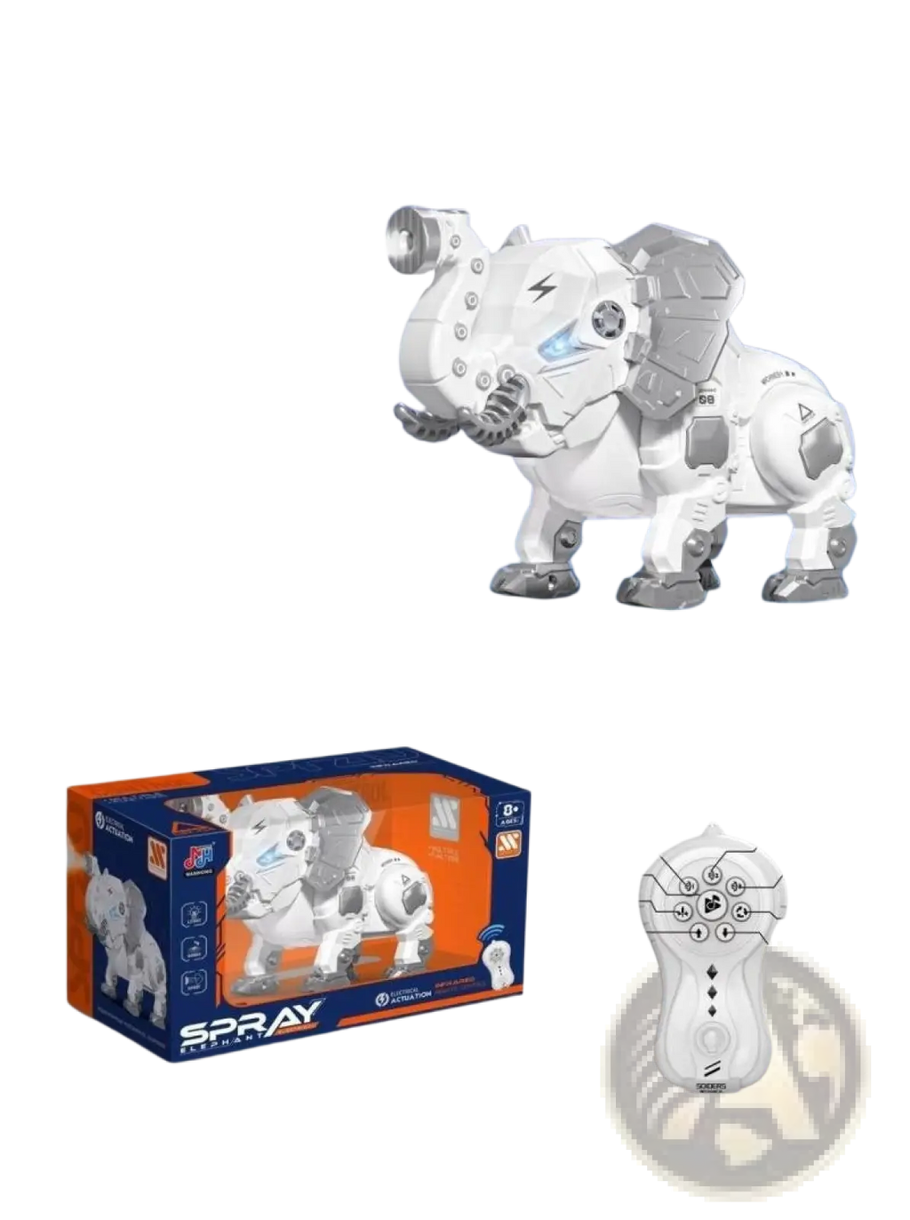 White and gray robotic elephant toy with led lights sound effects and spray function from remote control spray dragonfly centipede toy