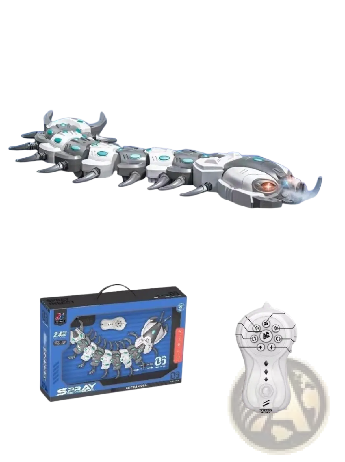 Remote control spray dragonfly centipede toy in white and gray with teal accents featuring mechanical design and 2.4ghz control system
