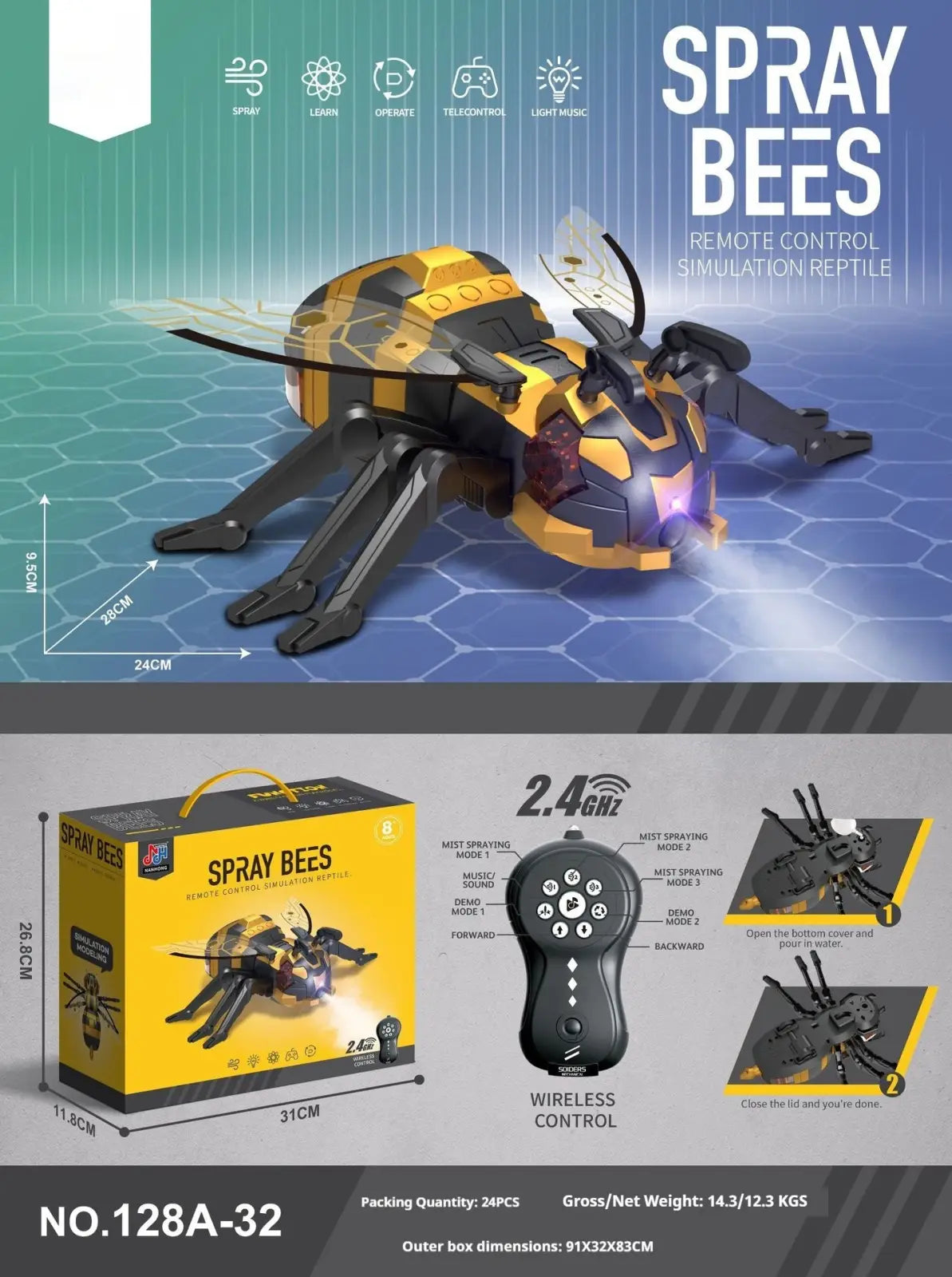 Yellow and black remote control spray dragonfly centipede toy with led lights simulating a bee for reptile play