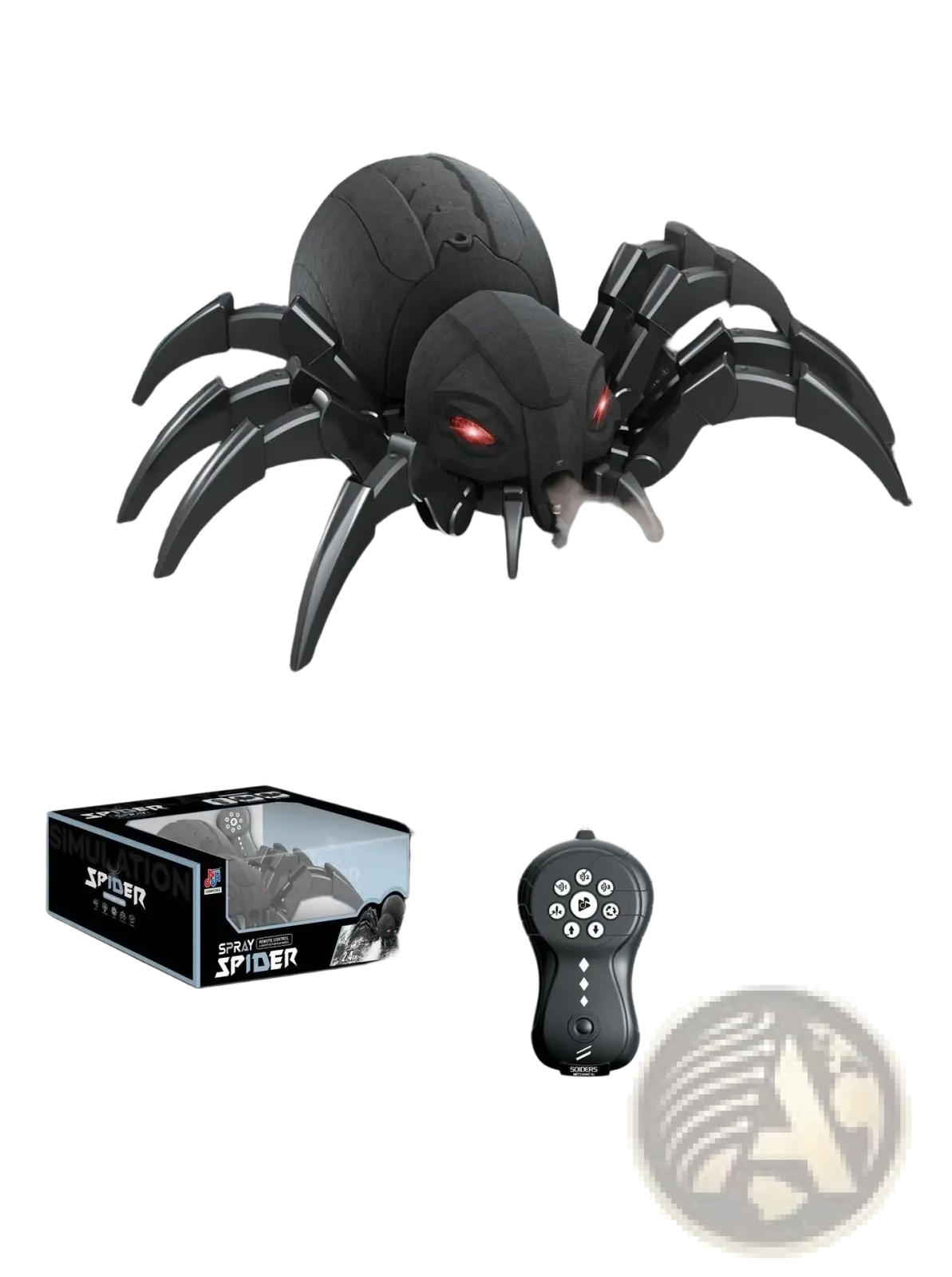 Remote control spray dragonfly centipede toy black metallic legs red glowing eyes designed for mist spraying and crawling simulation