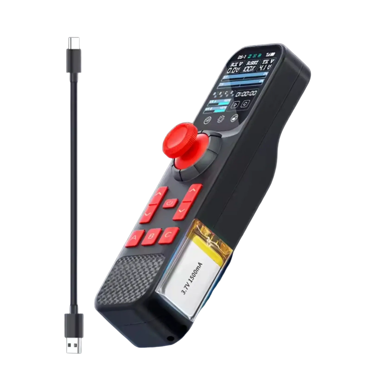 Black remote controller with red joystick and buttons featuring rechargeable lipo battery and cruise control function