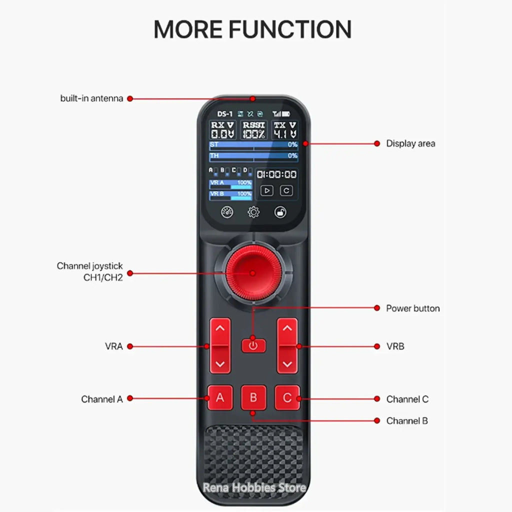 Black remote controller with red buttons and joystick featuring rechargeable lipo battery and cruise control display screen