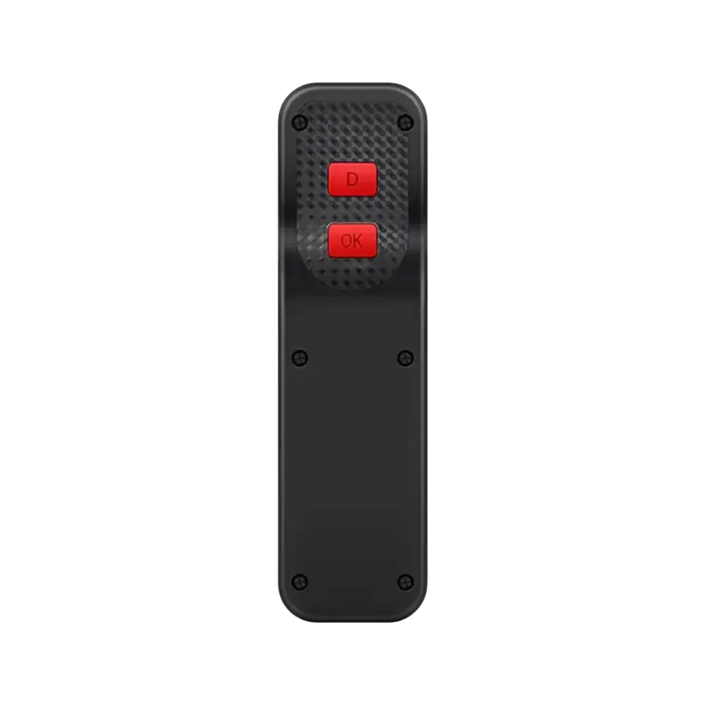Black remote controller with red d and ok buttons featuring rechargeable lipo battery and cruise control on textured surface