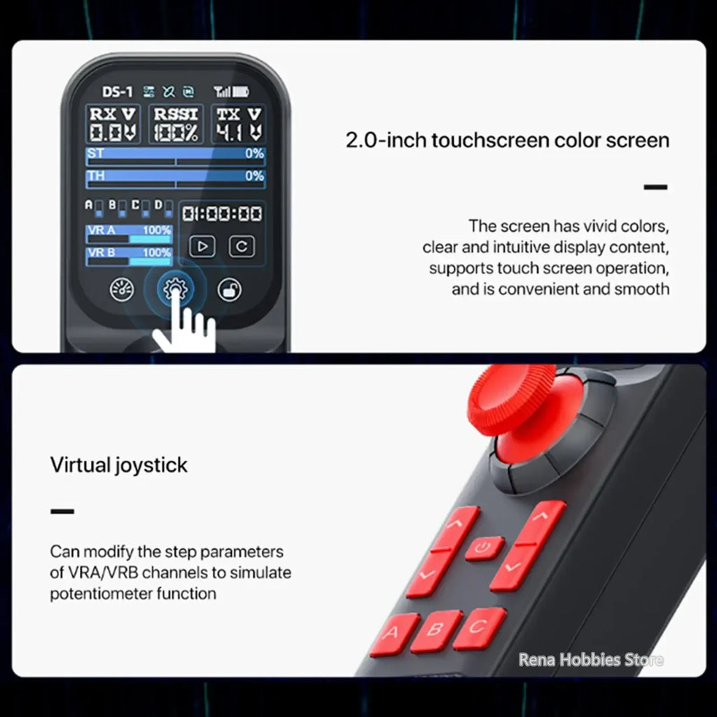 Black ds-1 remote controller with 2.0-inch touchscreen, red virtual joystick, rechargeable lipo battery and cruise control