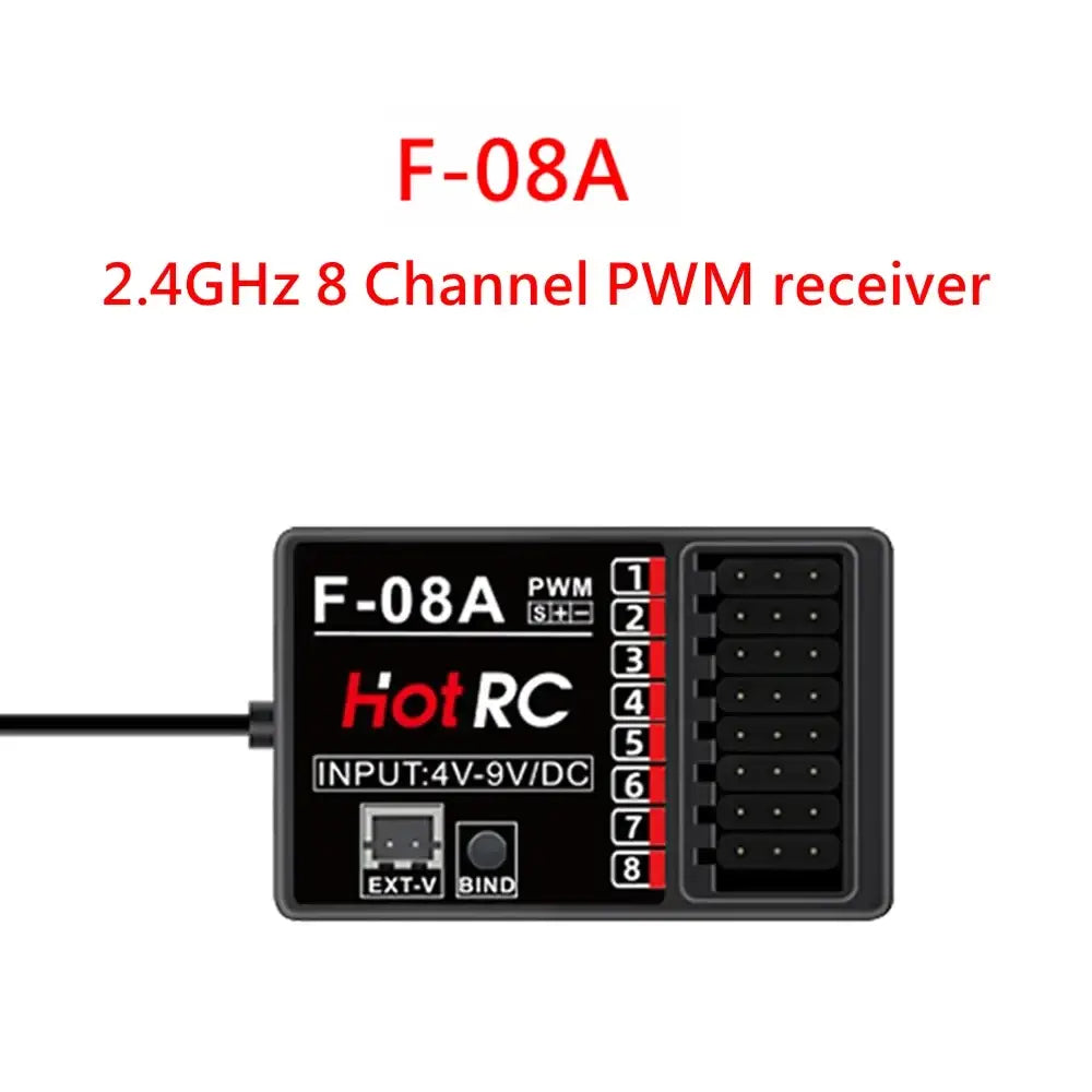 Black hot rc f-08a 2.4ghz 8-channel pwm receiver with labeled ports on back for remote controller with rechargeable lipo battery and cruise control