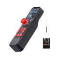 Black and red remote controller with digital display, directional buttons, joystick, rechargeable lipo battery, and cruise control