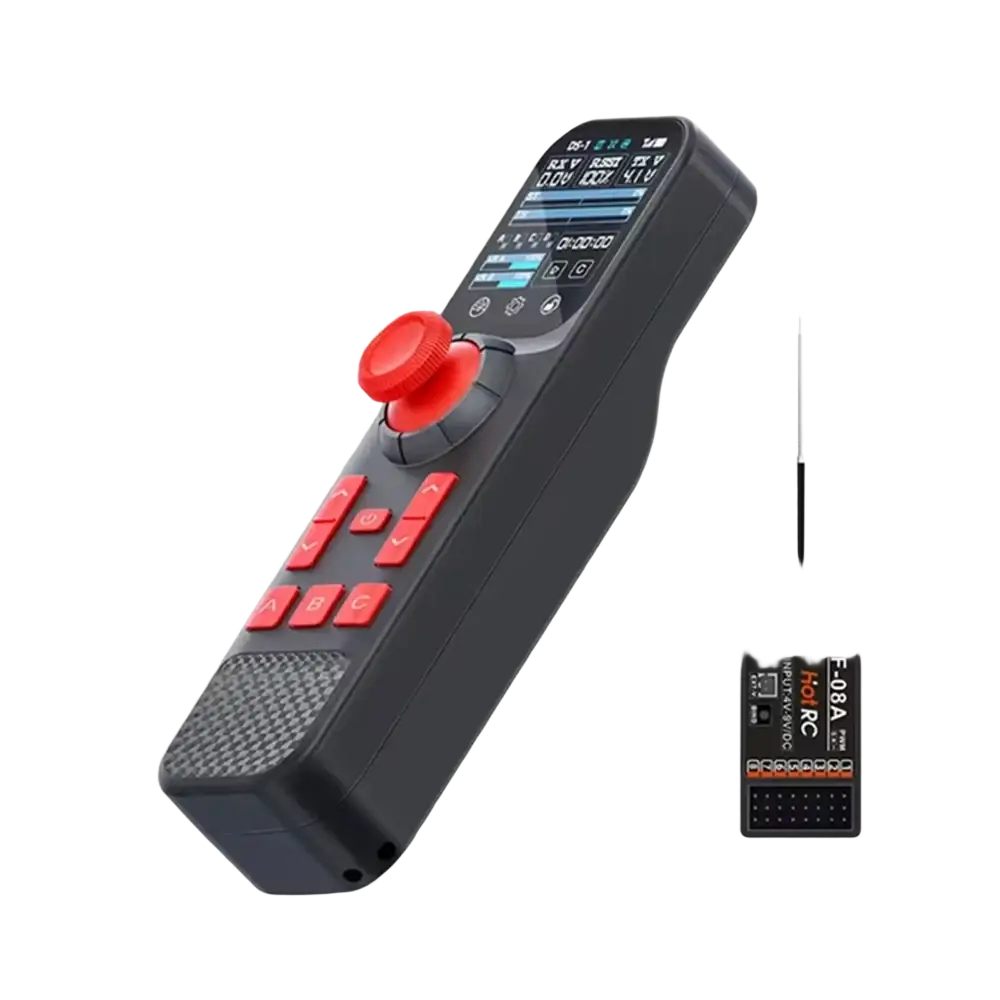 Black and red remote controller with digital display, directional buttons, joystick, rechargeable lipo battery, and cruise control