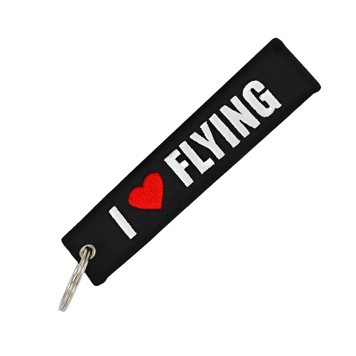 Remove before flight black embroidered keychain with white i heart flying text red heart and silver metal ring