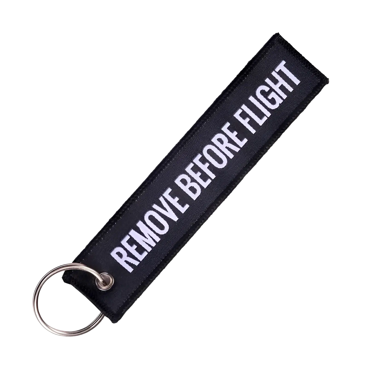 Remove before flight embroidered keychain with black fabric, white text, and silver metal ring for aviation use