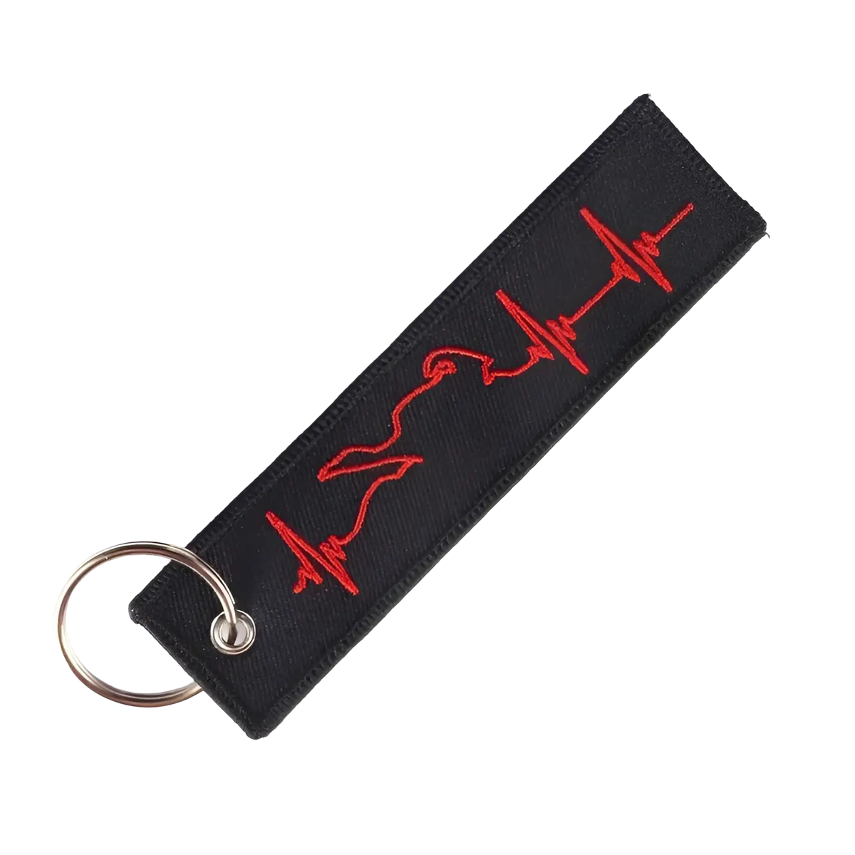 Black embroidered Remove Before Flight keychain with red heartbeat pattern and silver metal ring