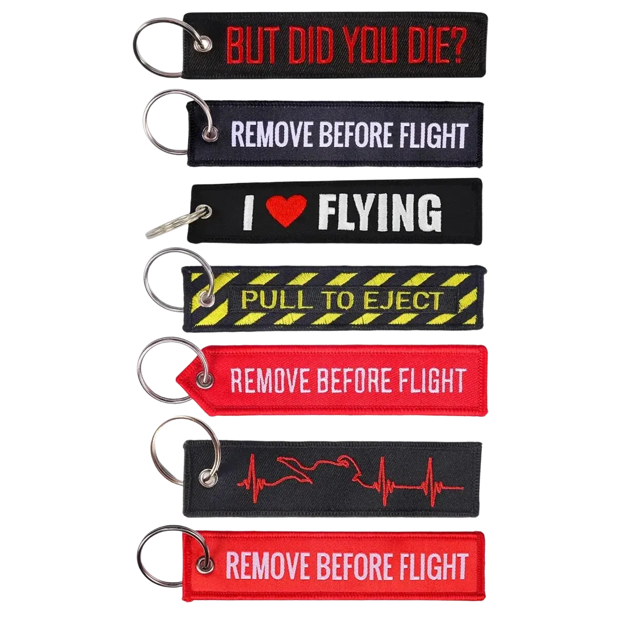 Remove before flight embroidered keychains in black and red with aviation phrases and metallic rings for aviation enthusiasts