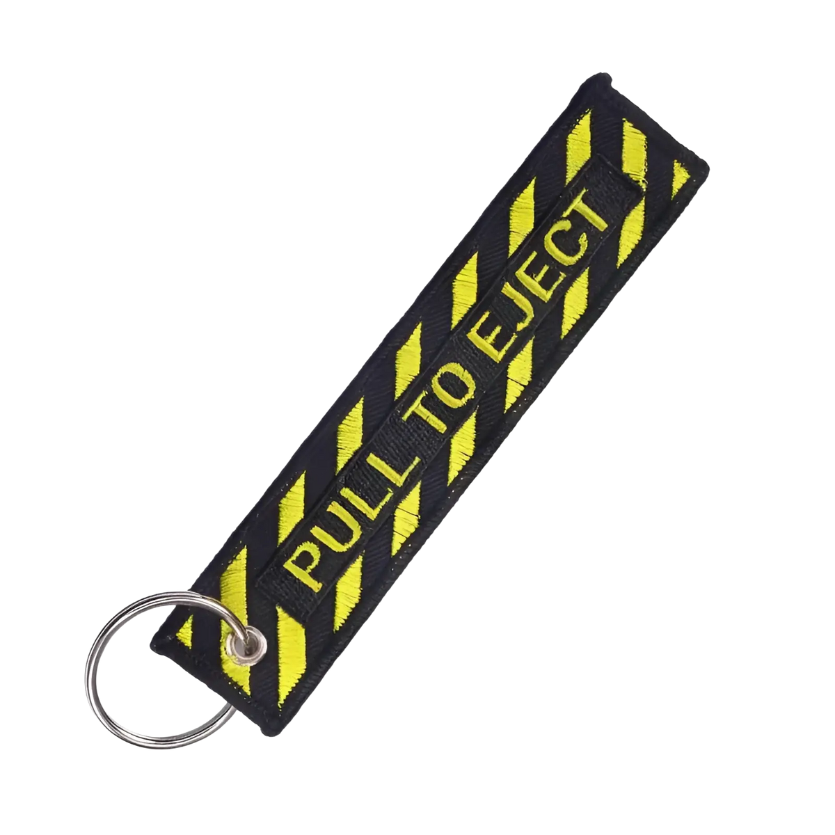 Remove before flight embroidered keychain in black and yellow stripes with pull to eject text on fabric material
