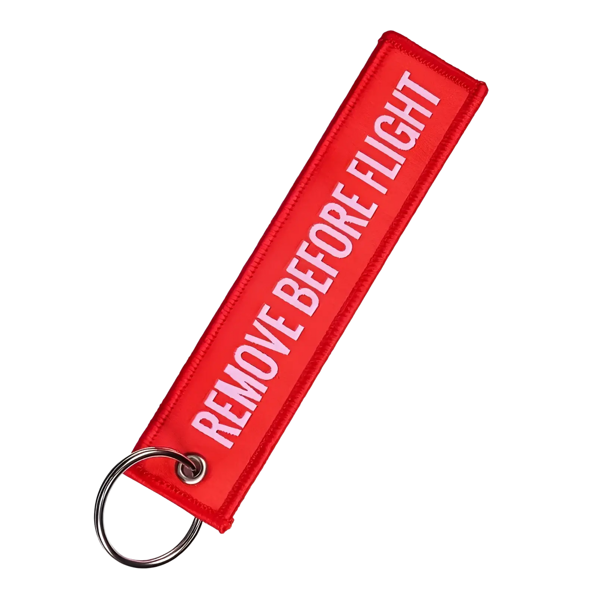 Remove before flight embroidered keychain in red with white lettering and a metal ring for aviation use