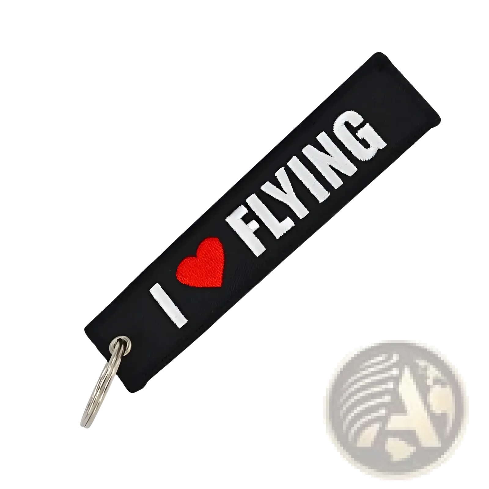 Remove before flight black embroidered keychain with white i heart flying text red heart and silver metal ring