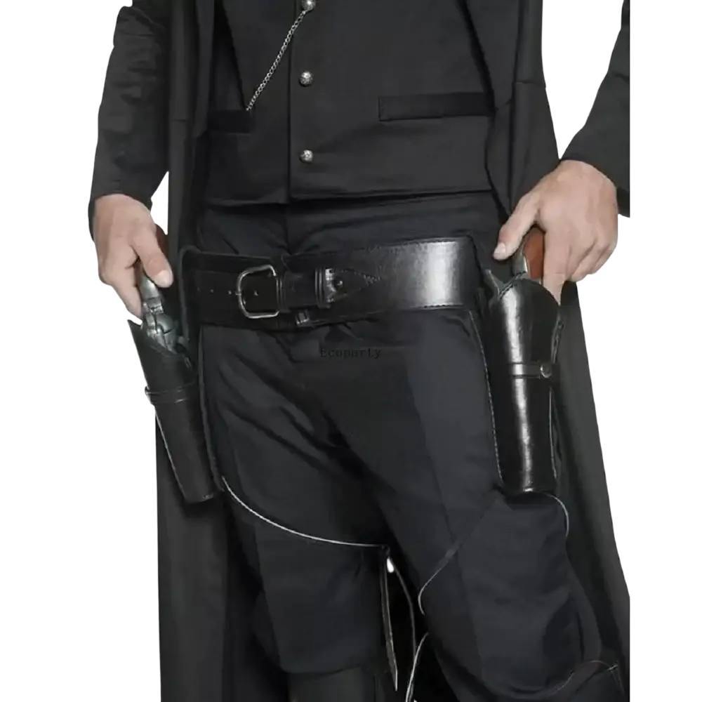 Black leather renaissance cowboy double belt revolver holster with silver buckle and detailed stitching for captain waistband renaissance use