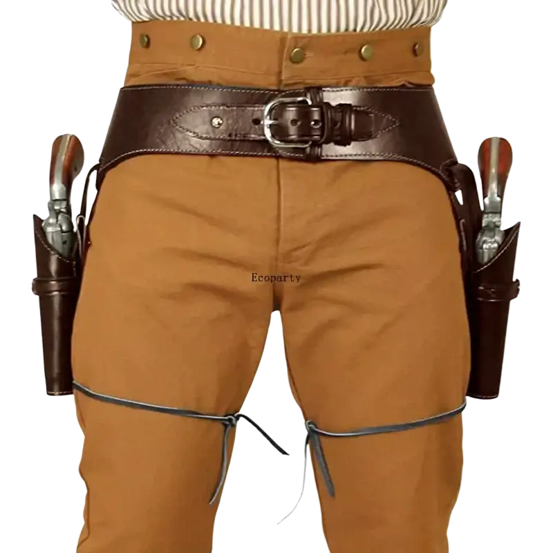 Brown leather renaissance cowboy double belt revolver holster with brass buckle and gun holsters for waistband renaissance cowboy