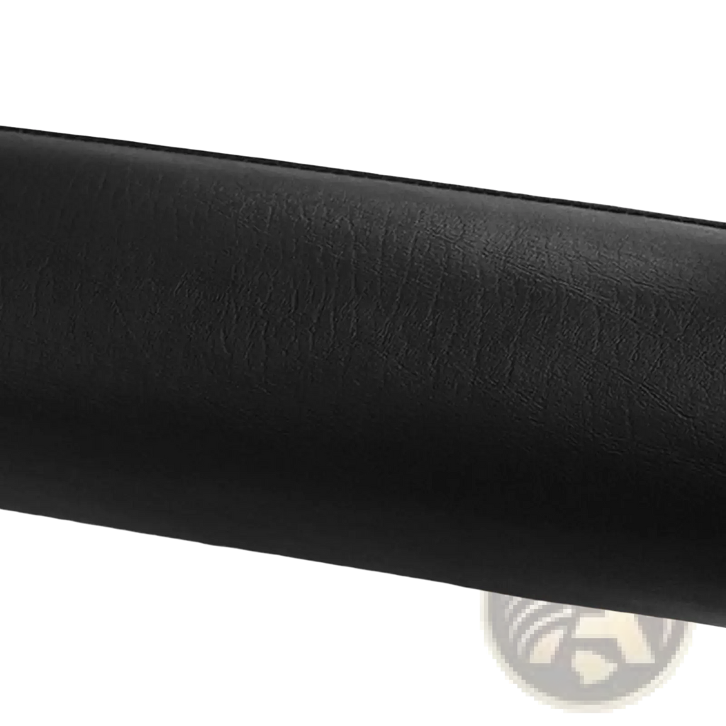 Replacement foam exercise machine roller pad featuring a black faux leather strap with textured wrinkled surface