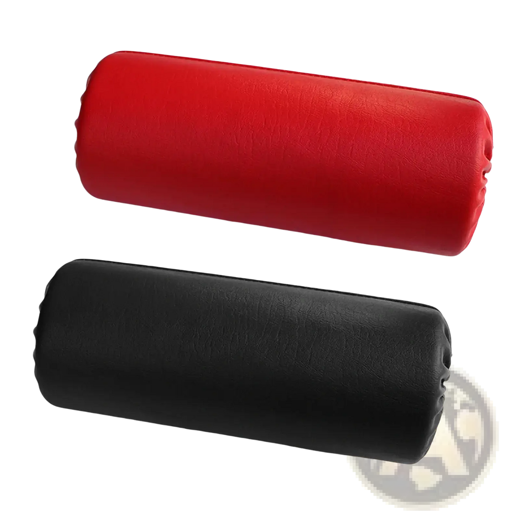Replacement foam exercise machine roller pads with red and black textured faux leather cylindrical covers