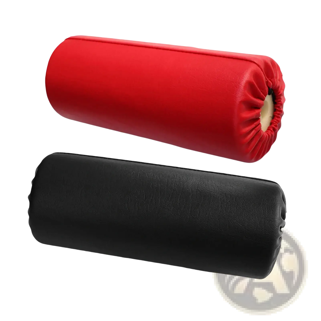 Replacement foam exercise machine roller pad with red and black faux leather cylindrical cushion covers and gathered elastic edge