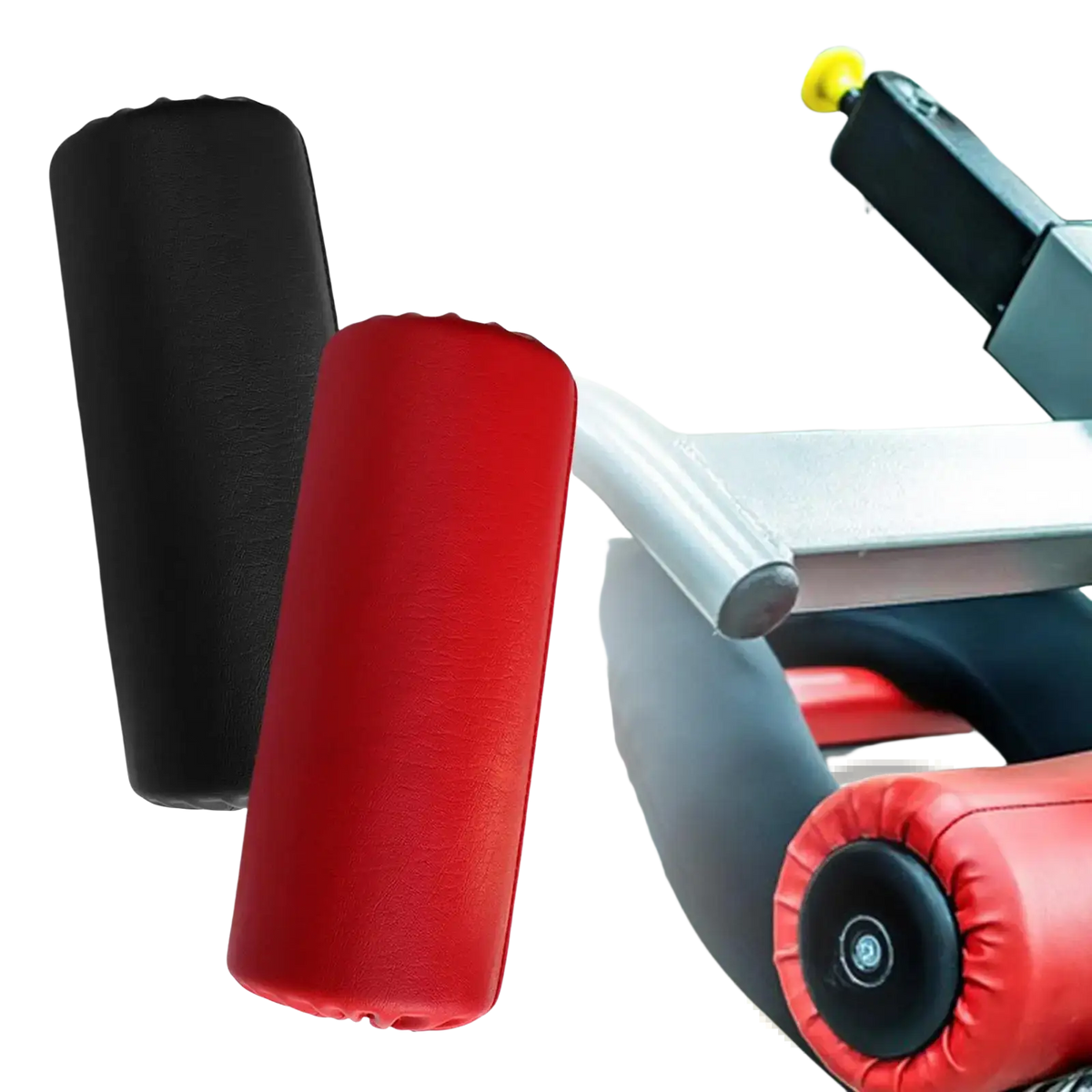 Replacement foam exercise machine roller pad with red and black cylindrical foam padding for gym equipment use