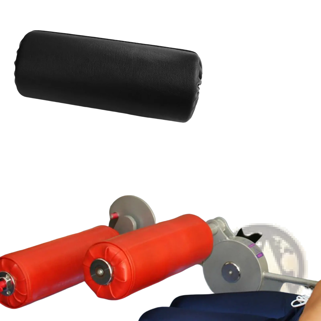 Black cylindrical foam leg press roller pad with textured surface for comfortable grip and durability