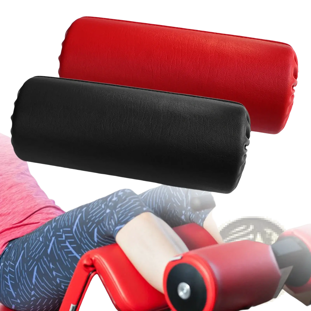 Replacement foam leg press roller pad in red and black with textured faux leather cylindrical exercise rollers