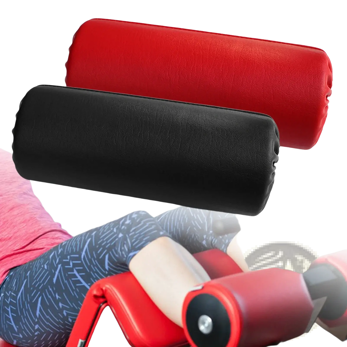 Replacement foam leg press roller pad in red and black with textured faux leather cylindrical exercise rollers