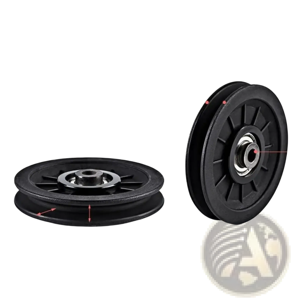 Replacement gym cable machine pulley wheel in black with central metal shaft and grooved edges for mechanical systems