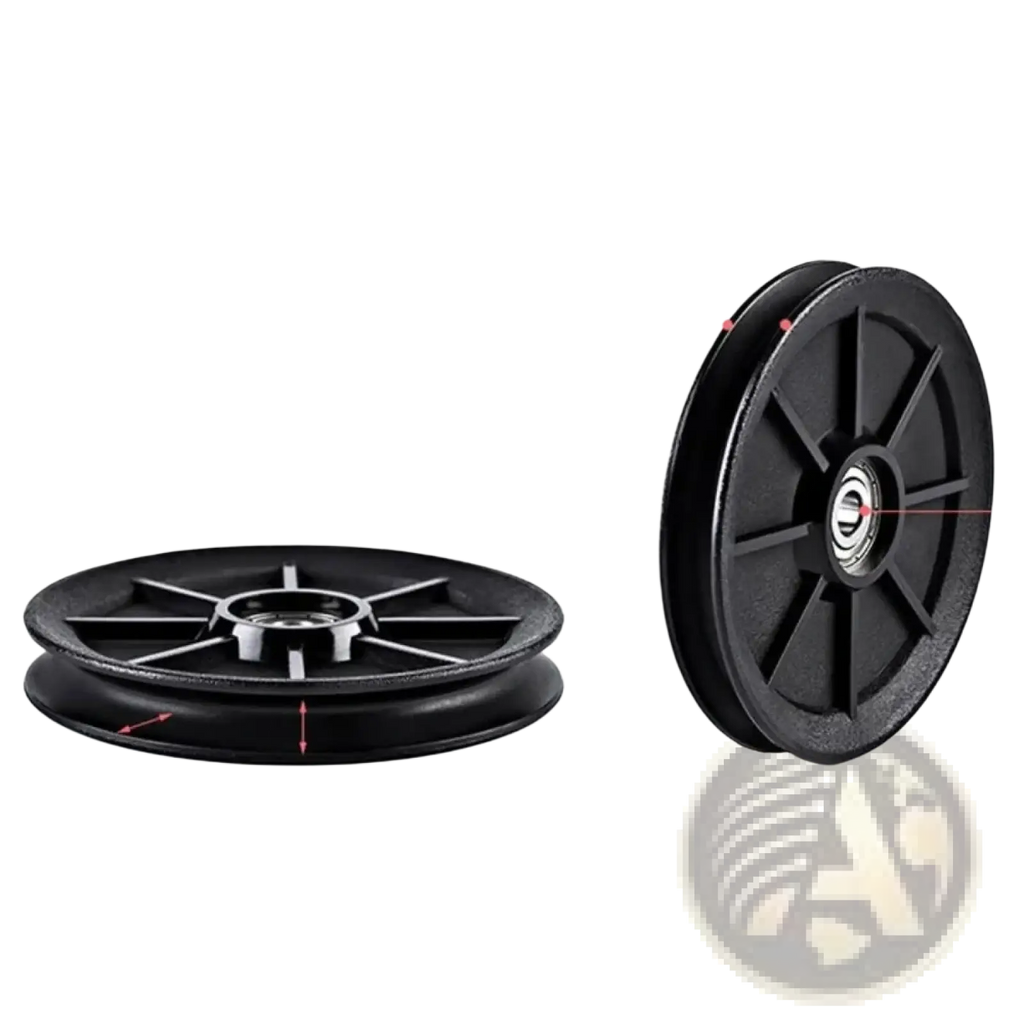 Black replacement gym cable machine pulley wheel with central bearing and radial grooves for mechanical use