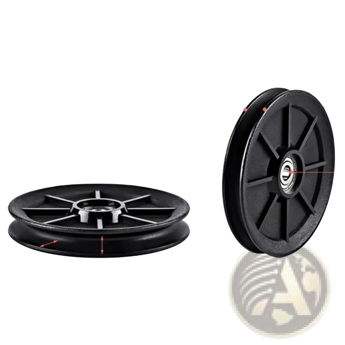 Black replacement gym cable machine pulley wheel with central bearing and radial grooves for mechanical use
