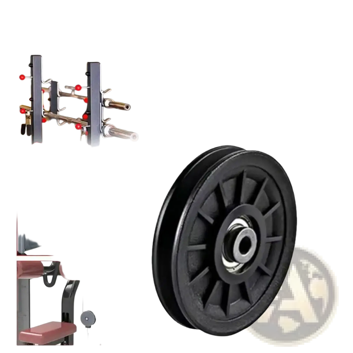 Replacement gym cable machine pulley wheel in black rubber with metallic hub designed for strength training equipment