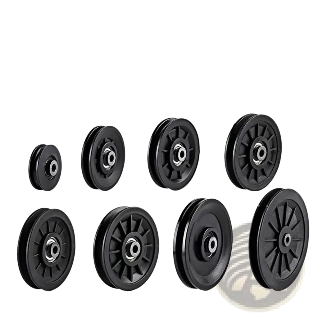 Replacement gym cable machine pulley wheels in black rubber with metallic hubs arranged in two rows on white background