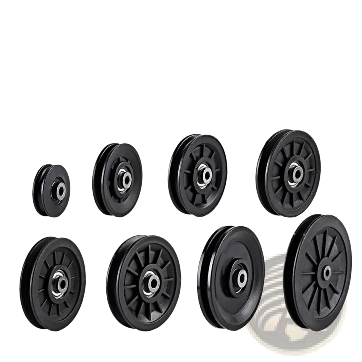 Replacement gym cable machine pulley wheels in black rubber with metallic hubs arranged in two rows on white background