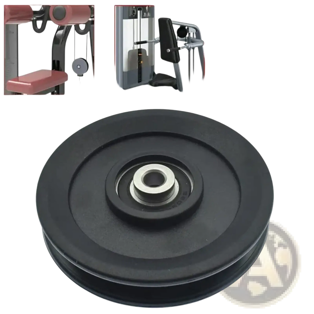 Replacement gym cable machine pulley wheel with black rubber and metallic bearing hub shown from the back side