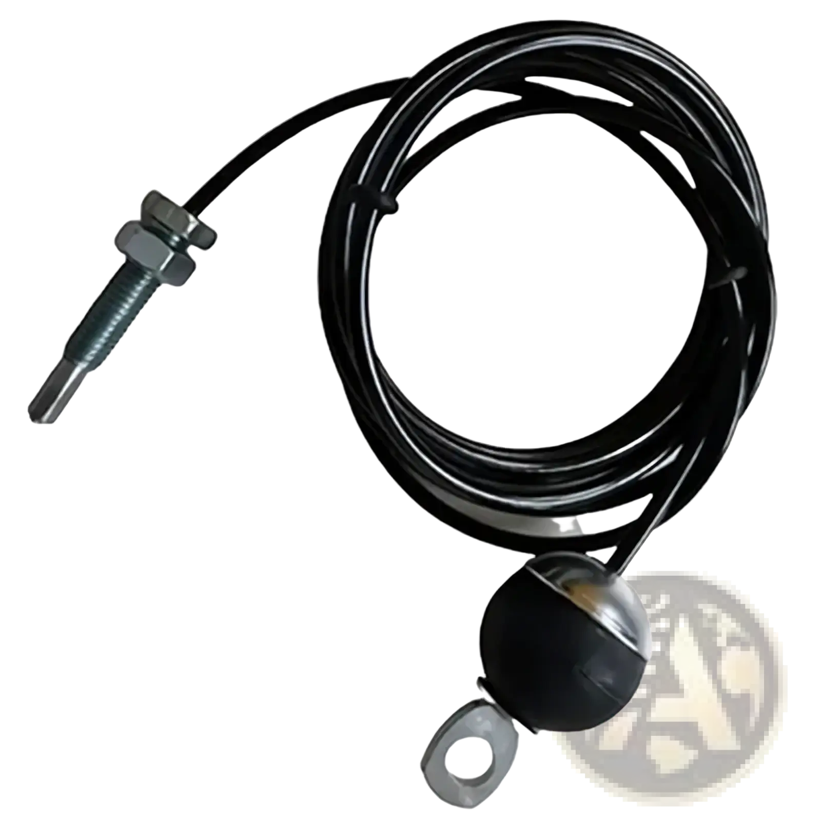 Black coiled replacement gym cable wire rope with metallic threaded end and spherical weight for pulley system use