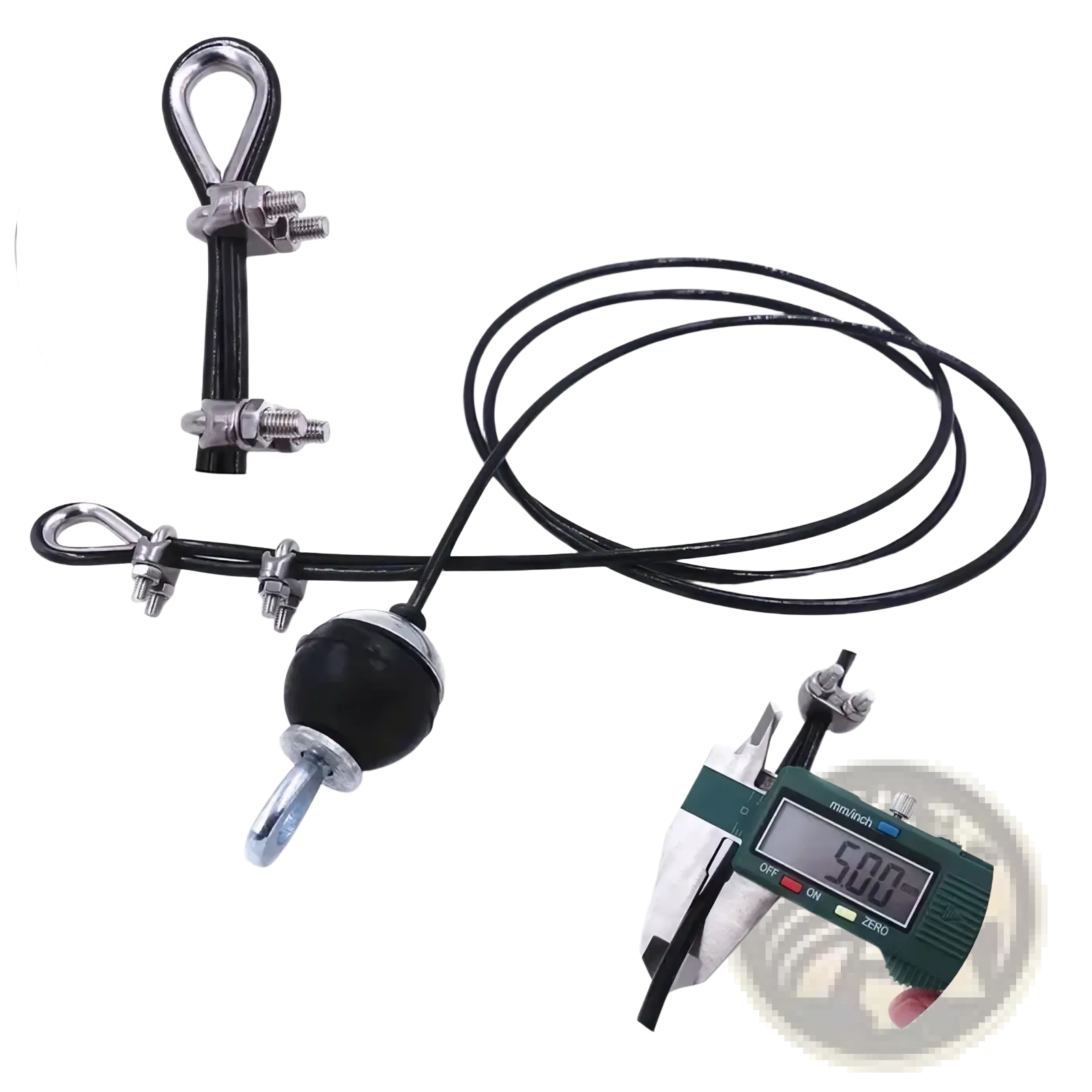 Replacement gym cable wire rope with black rubber-coated metal ball and double security clamps for pulley systems
