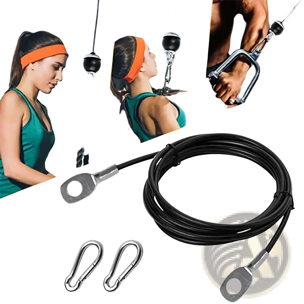 Replacement gym cable wire rope made of black steel with metal end fittings and carabiners for pulley systems
