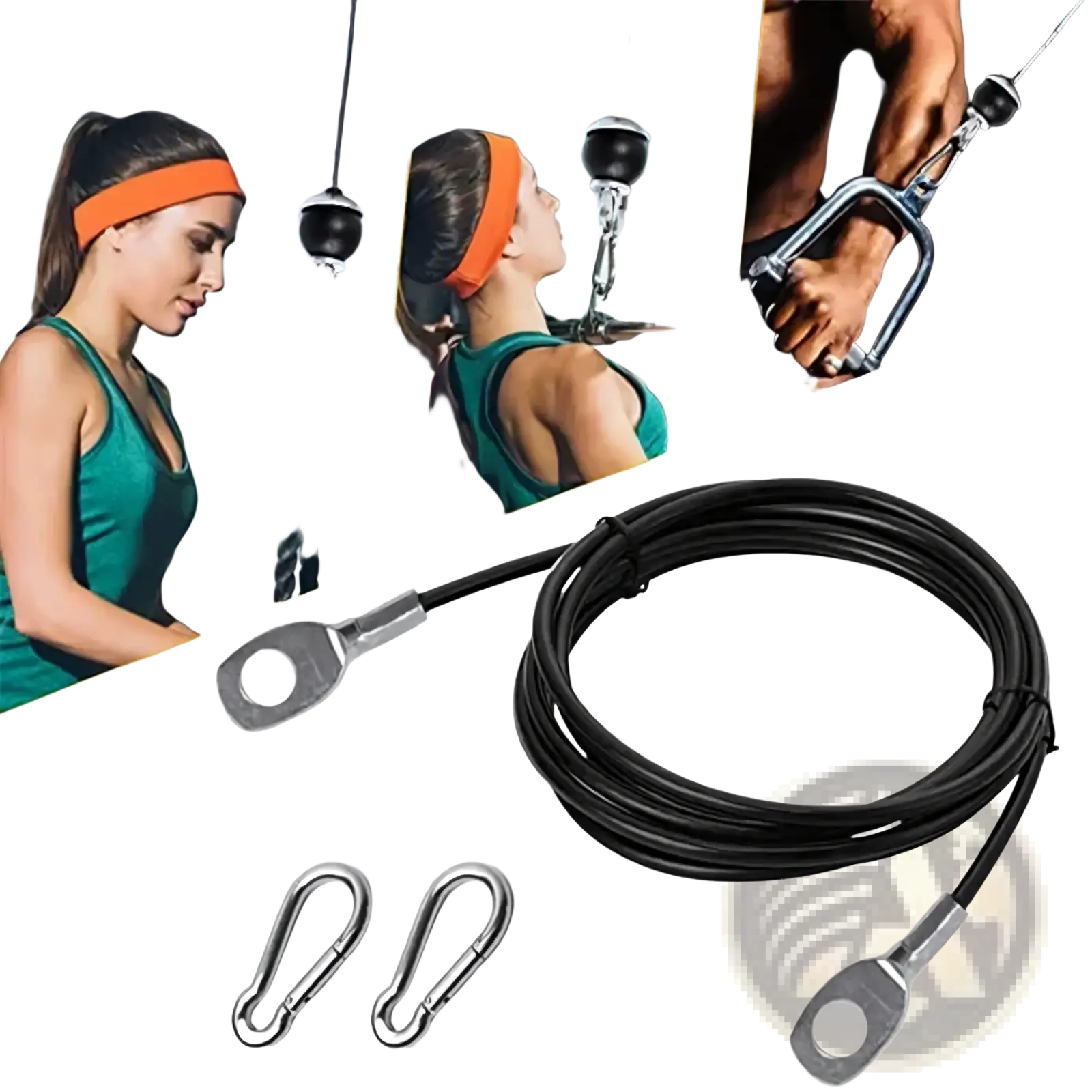 Replacement gym cable wire rope made of black steel with metal end fittings and carabiners for pulley systems