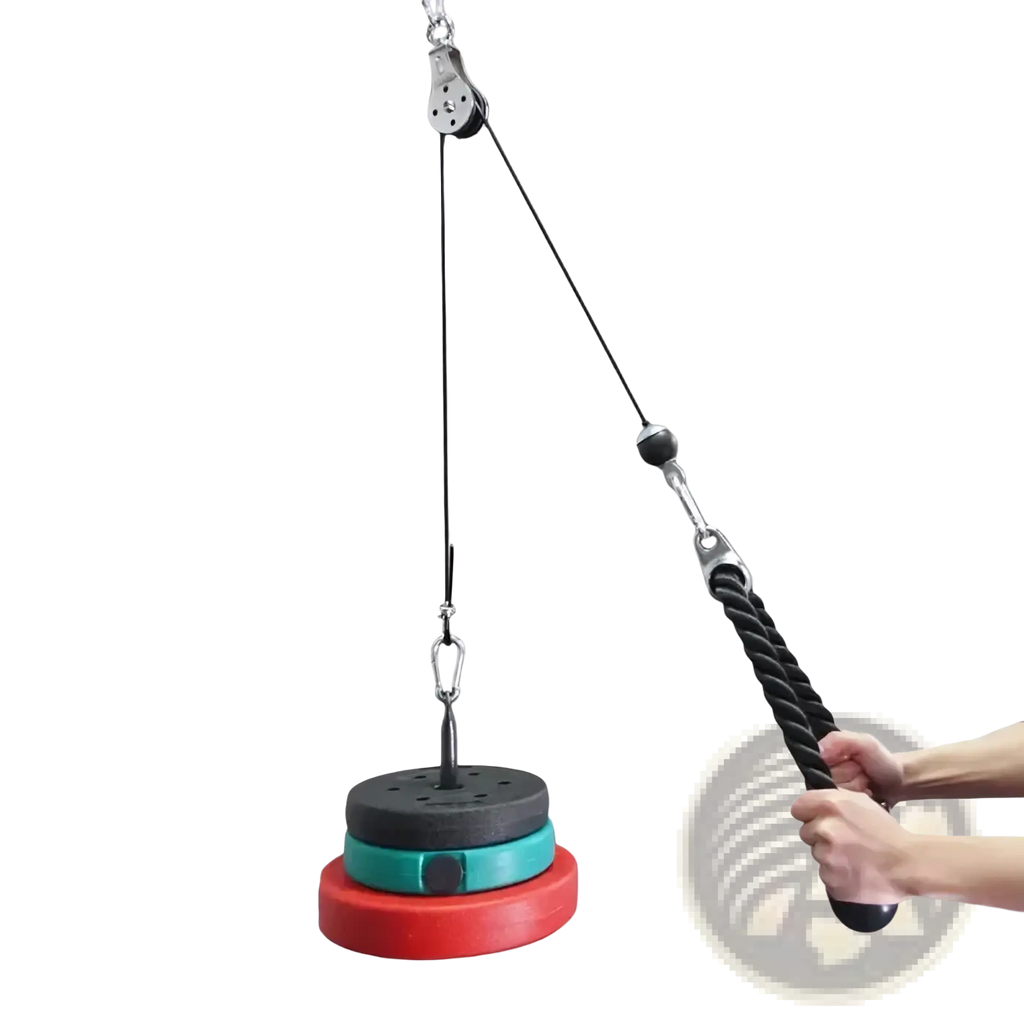 Replacement gym cable wire rope with red green and black weighted pull-down disc and rope handle for pulley system use