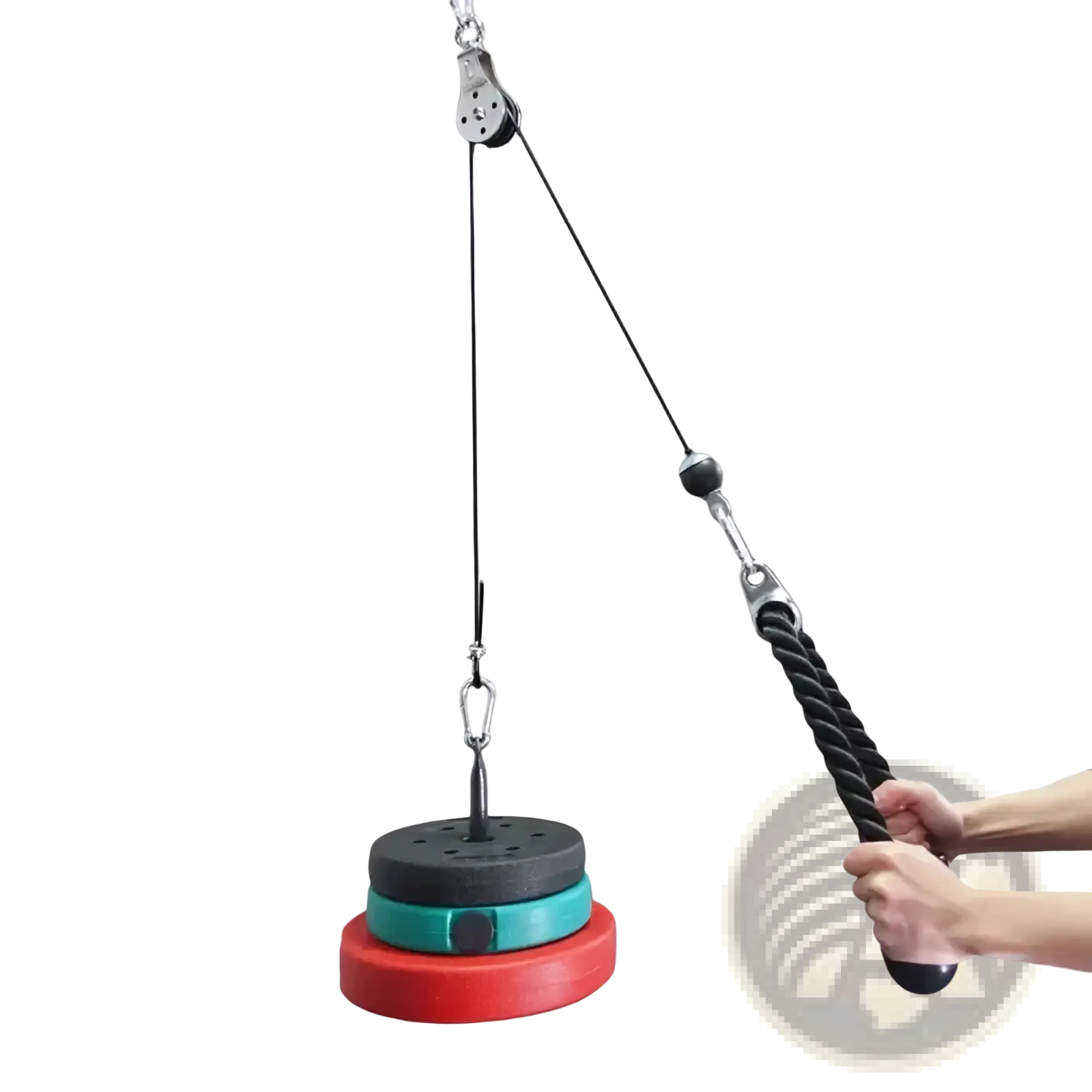 Replacement gym cable wire rope with red green and black weighted pull-down disc and rope handle for pulley system use