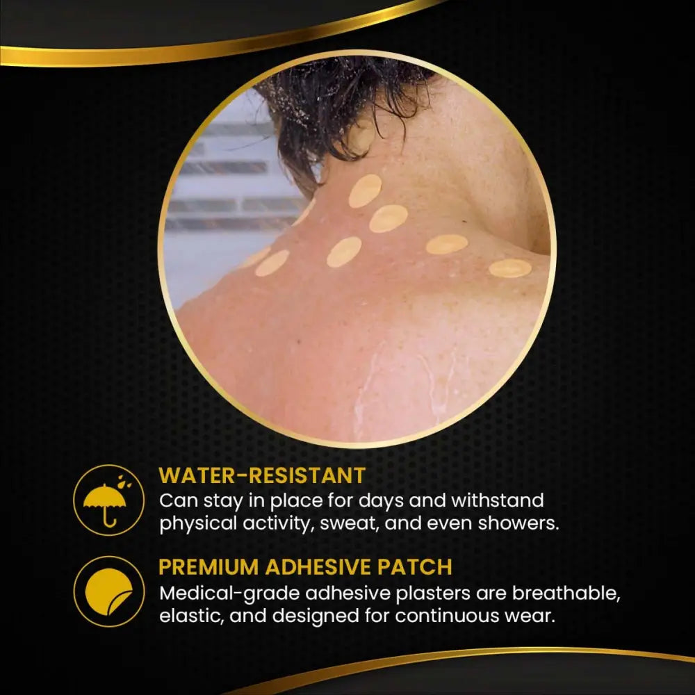 Gold-colored water-resistant adhesive replacement patches applied to a person’s back for spot magnets use