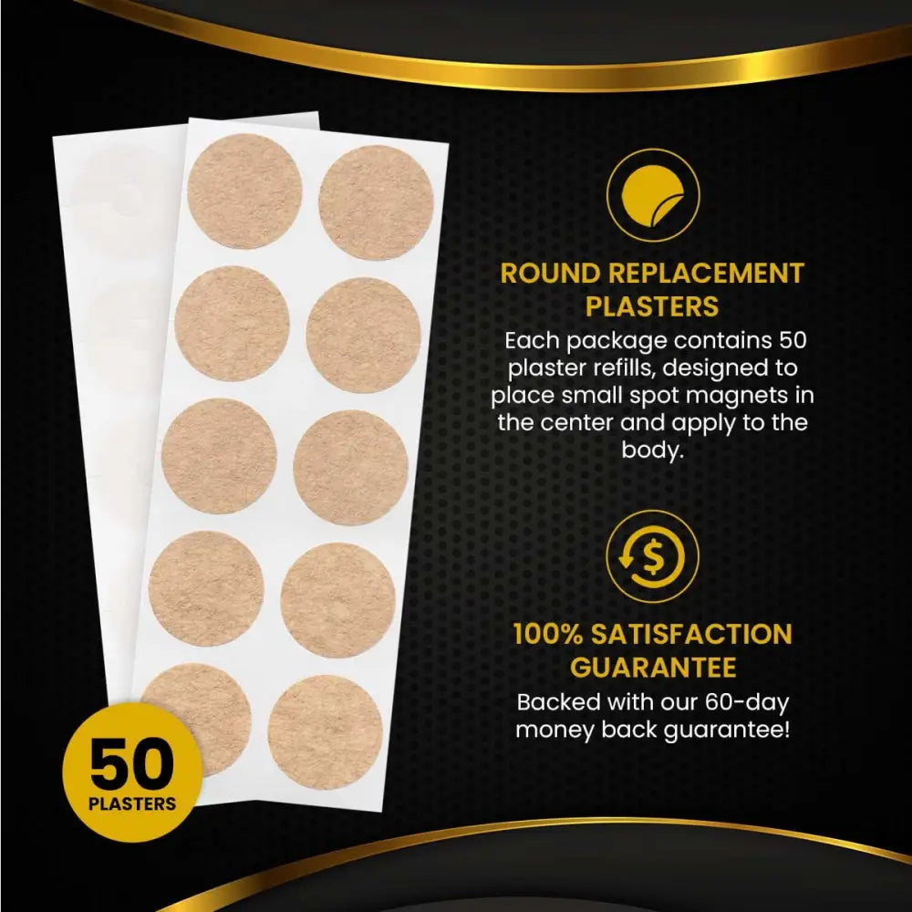 A package of 50 beige round waterproof adhesive replacement patches with a textured surface for spot magnets