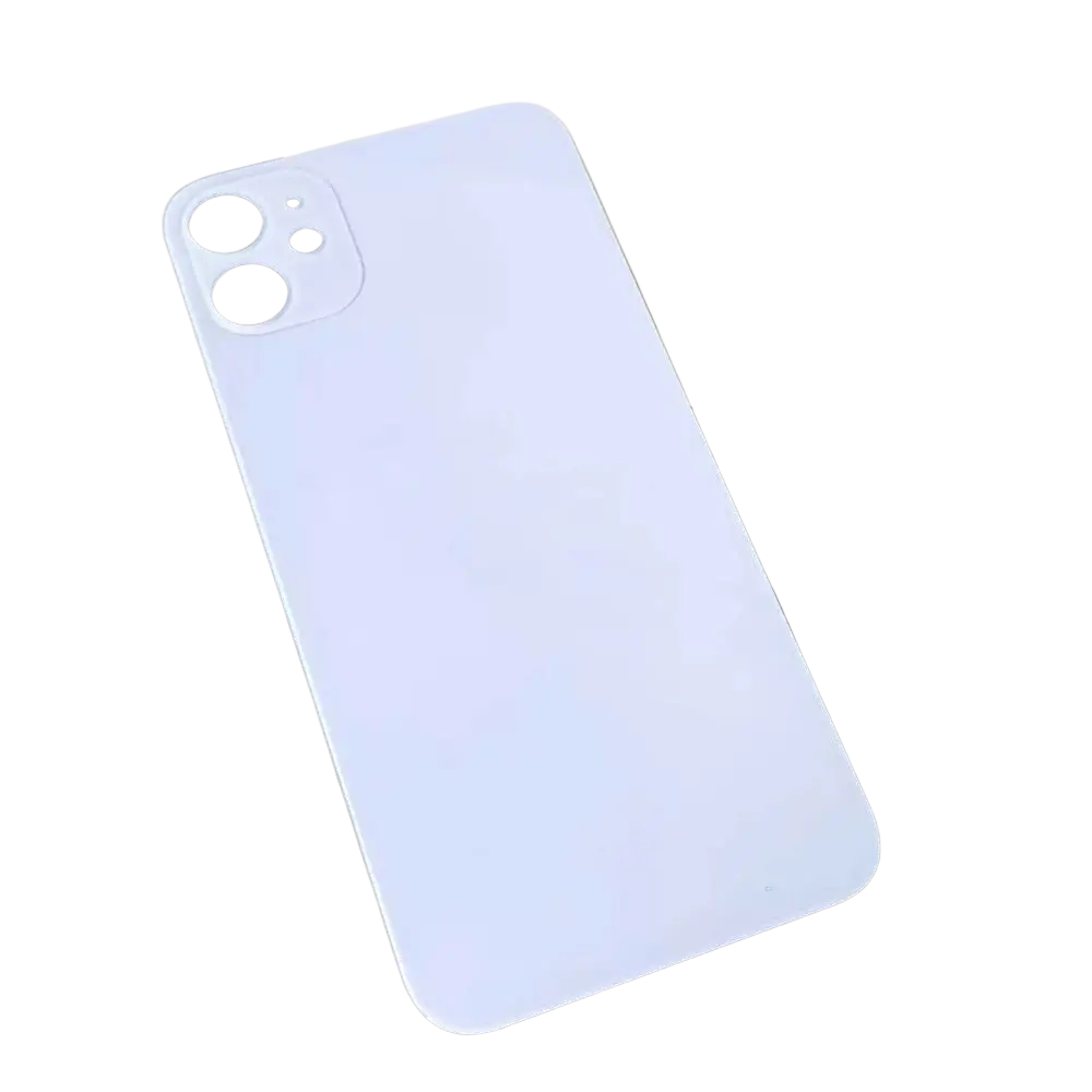A sleek matte lavender replacement rear battery door for iPhone 11 with camera lens cutouts shown from the back side