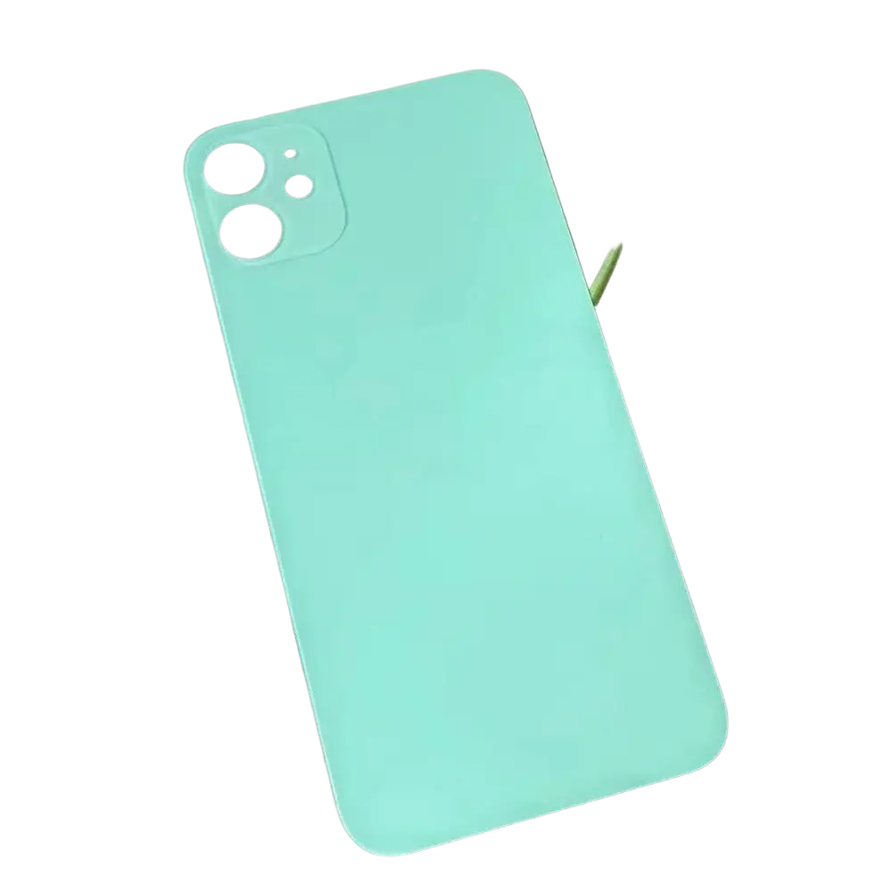 Replacement rear battery door for iphone 11 in smooth matte mint green with precise camera lens cutouts on back side