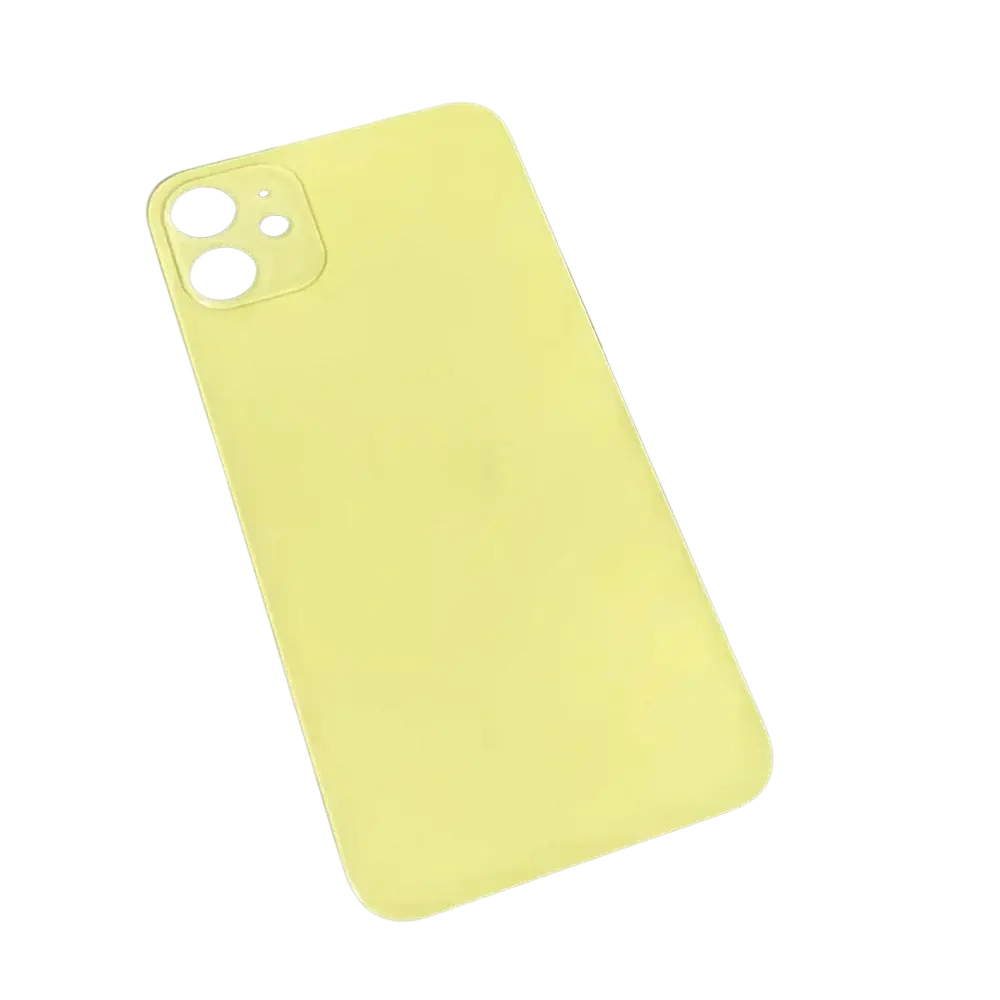 Smooth matte yellow replacement rear battery door for iphone 11 with rectangular camera lens cutout shown from back side