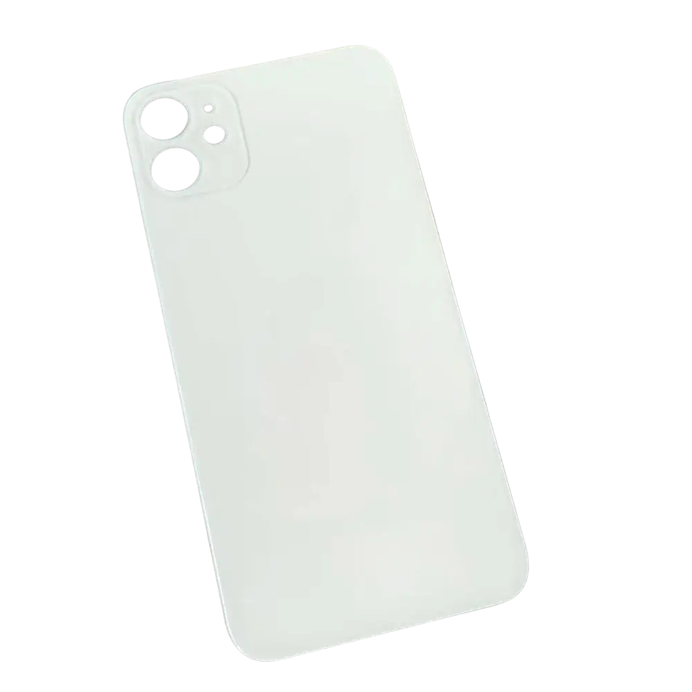 White matte replacement rear battery door for iphone 11 with rectangular camera lens cutout housing two lenses and sensor